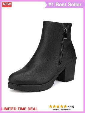 Women's Chunky Heel Platform Ankle Boots Vegan Leather Zip Booties